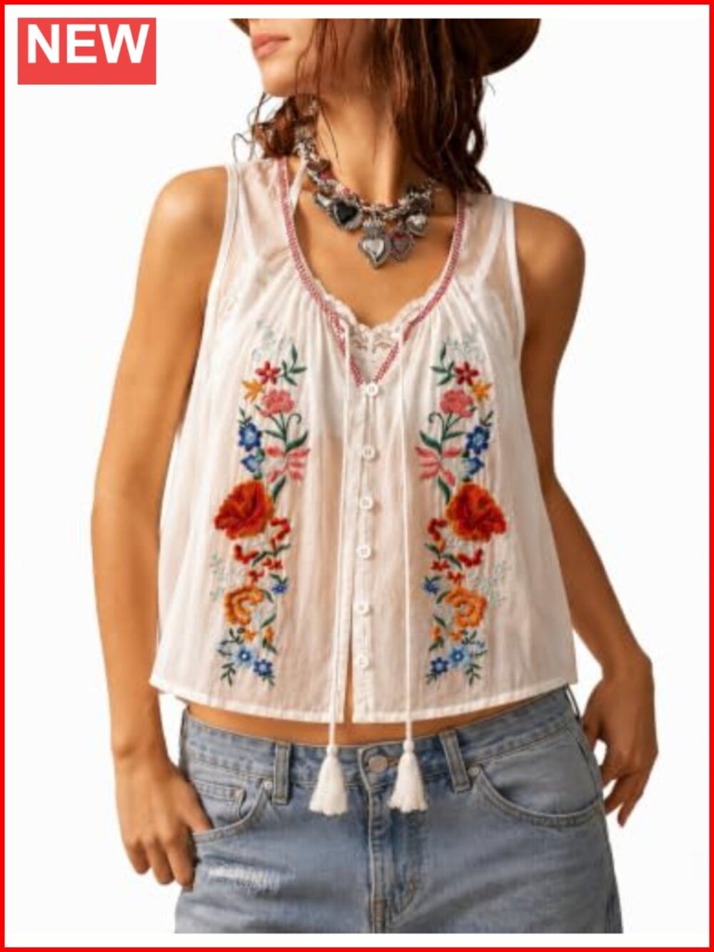 Boho Floral Embroidered Tank Tie Front Crop Blouse Summer
